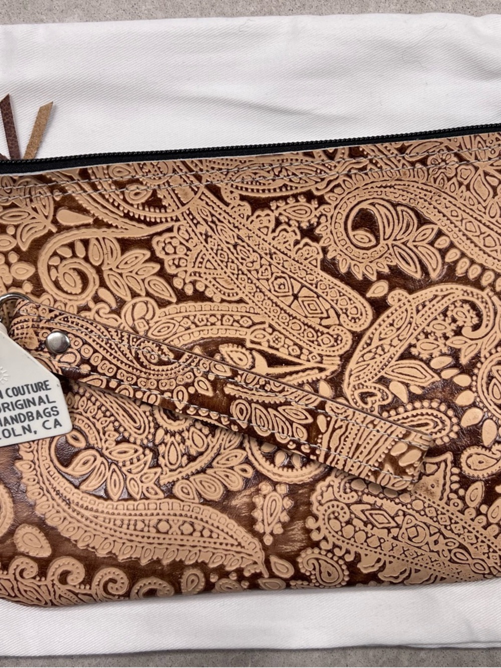 Embossed Paisley Leather Wristlet Clutch in Two-Tone Brown